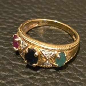 Thick Solid 10k Gold Diamond Ring With Natural Ruby , Sapphire And Emerald